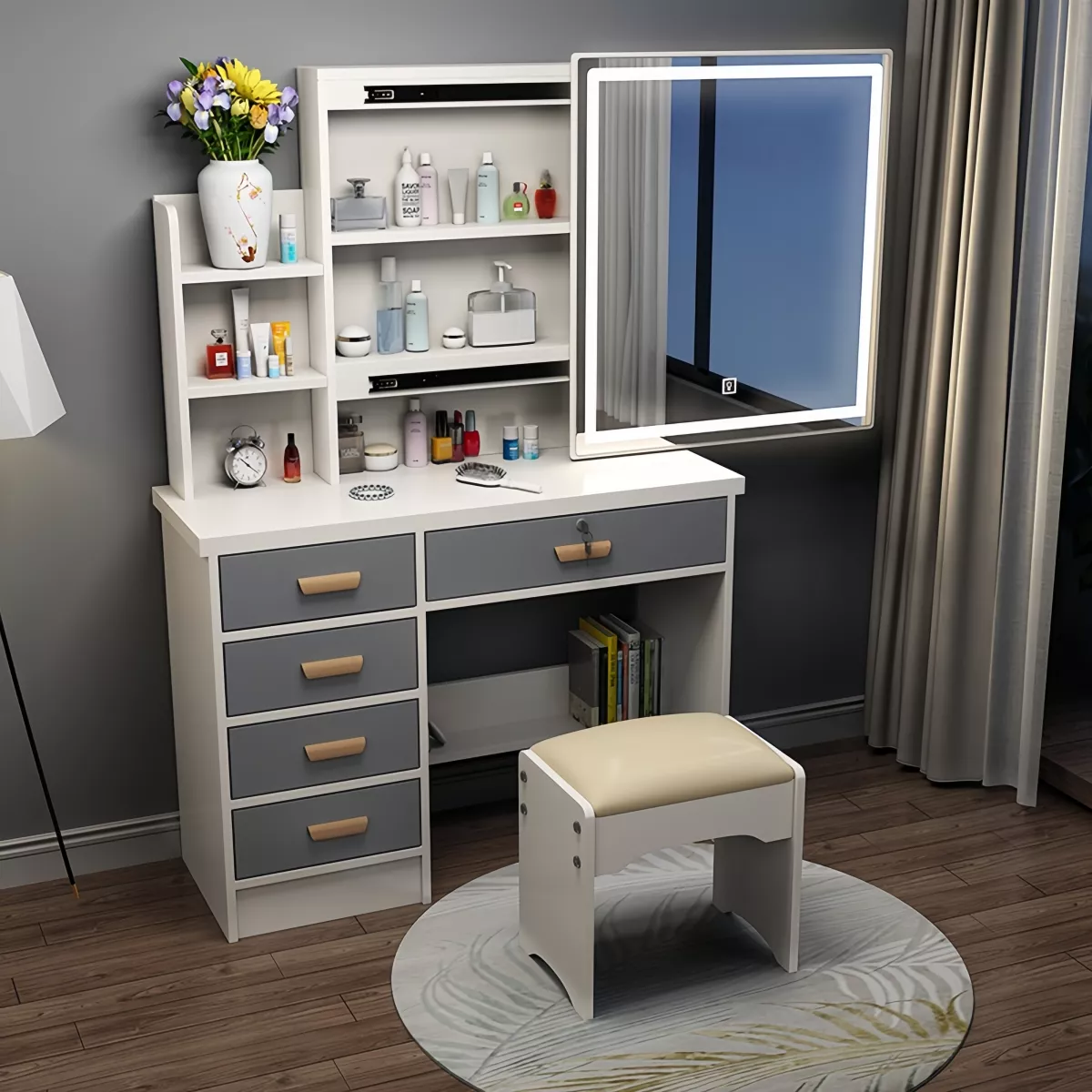 Tocador De Dormitorio Con Banco Y Espejo Moderno Luz Led