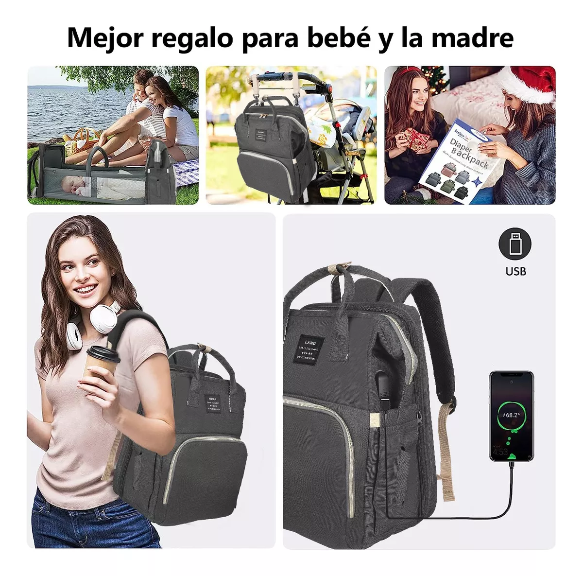 Pañalera Mochila Impermeable Usb Cargo Mosquitero Y Juguete