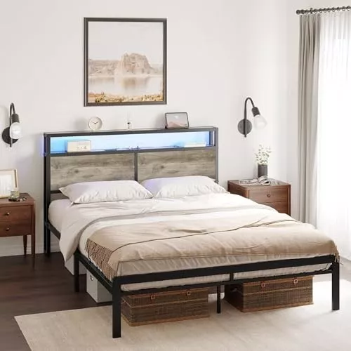 Fabato base de cama matrimonial color marr&oacute;n con cabecera de cama y luces LED base cama 2 salidas de CA y 2 USB antideslizante