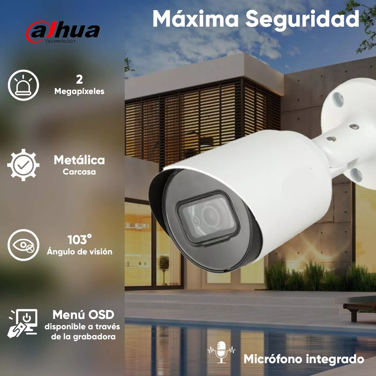 Dahua Cámara Bullet Hfw1200ta28 Hdcvi 1080p Lente 2.8 Mm 103 Grados De Apertura Ir Inteligente De Hasta 30 Mts Protección Ip67 Micrófono Integrado Metálica Estilo Bala