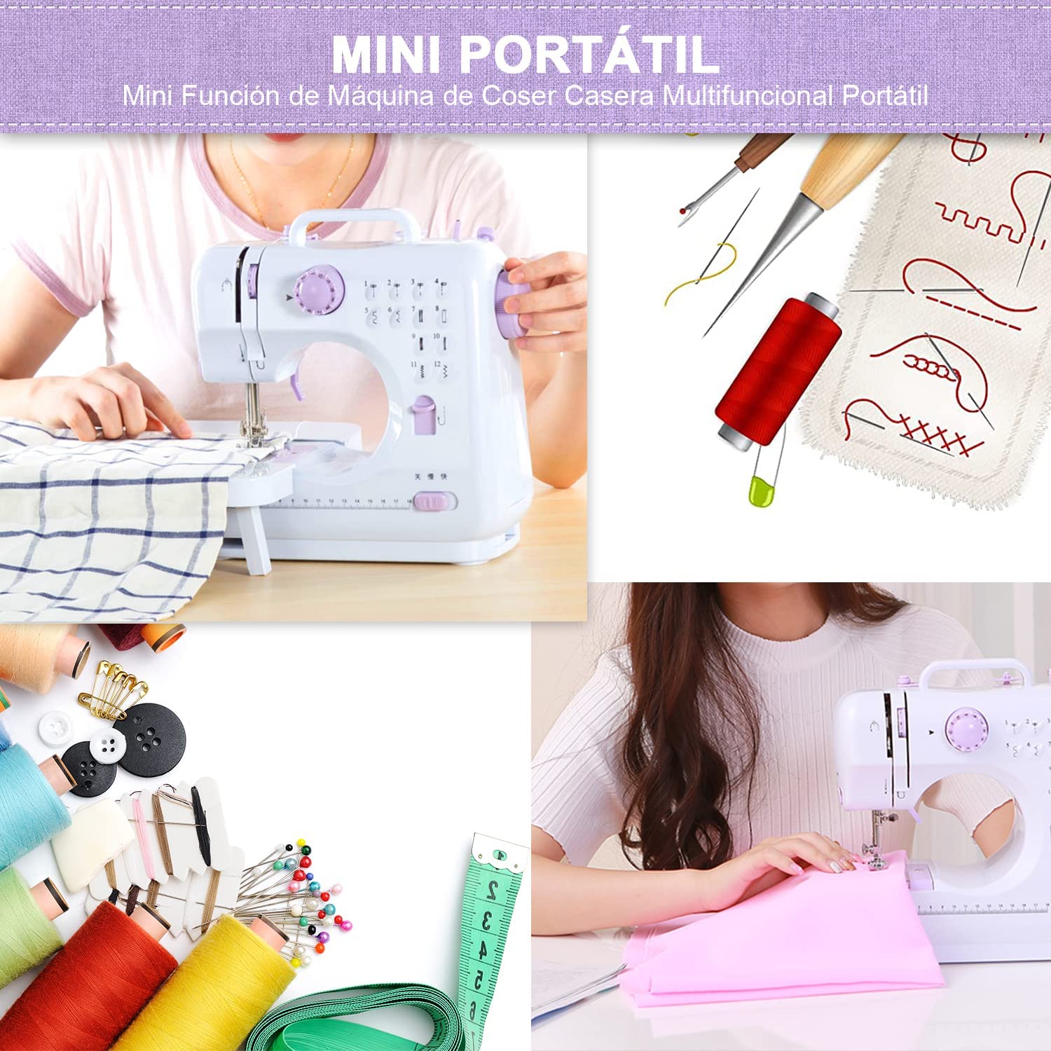 M&aacute;quina de Coser, Port&aacute;til Mini Maquina de Coser Electrica, M&aacute;quina de coser el&eacute;ctrica multifuncional con velocidad ajustable 12 tipos de puntadas, Adecuado para principiantes, para coser ropa, cortinas de juguete.