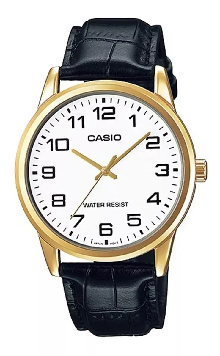 Reloj pulsera Casio MTP-V001GL-7BUDF con correa de cuero color marr&oacute;n-fondo negro-bisel dorado