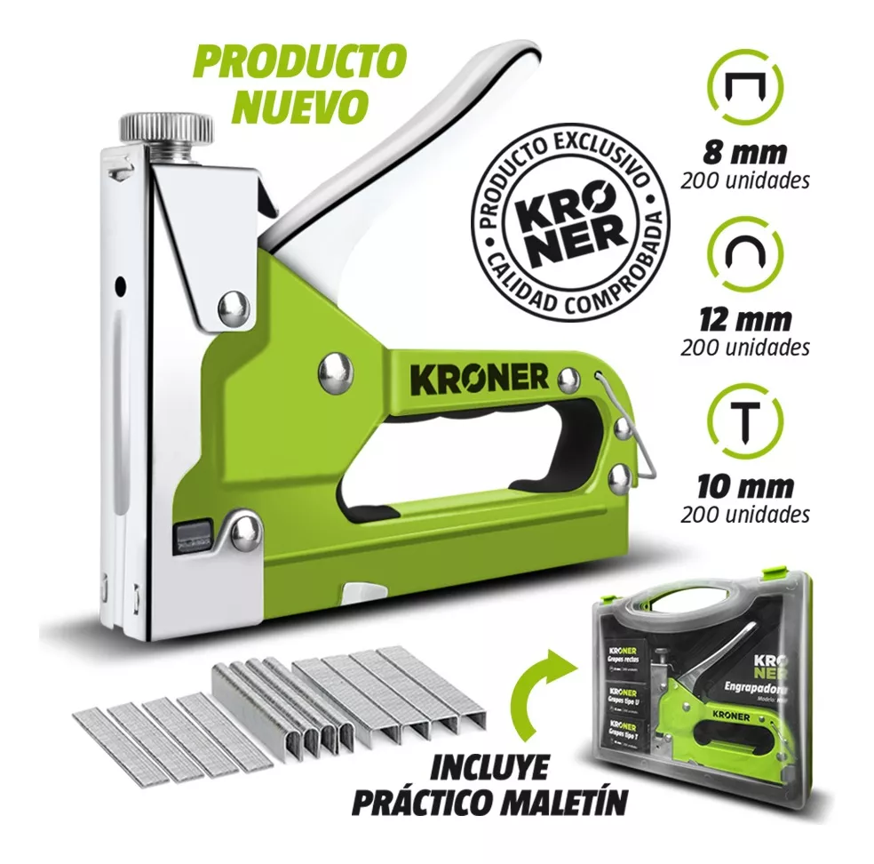 Engrapadora clavadora met&aacute;lica 3 en 1 profesional de 4-14mm con 600 grapas Kroner
