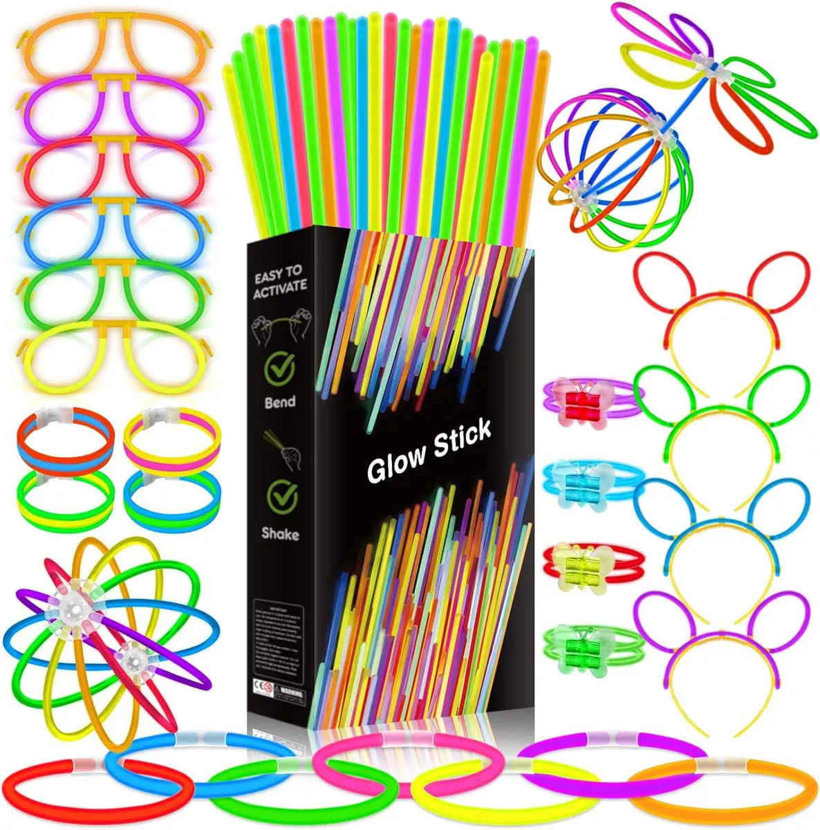122pcs Pulseras Neon Fosforescente Glow Stick con Conectores de Pulseras y Collares Kits de Gafas Conectores de Bola y Mariposa para Fiestas y Accesorios LED Ventlanto Mx-glowsticks-e