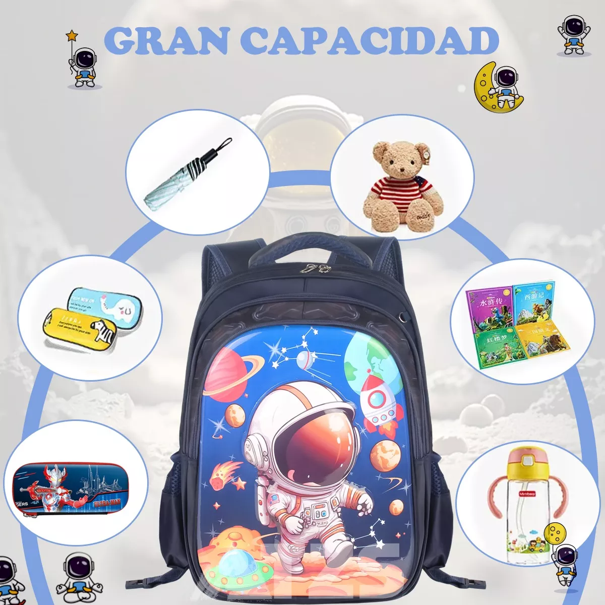 Mochila Escolar Astronautas Para Niño Con Lonchera Lapicera Juego De 3 Piezas