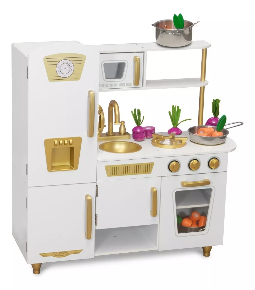 Cocina de Madera Kids House Elite White, Cocinita de Juguete para Niños y Niñas color Blanco con Dorado, Detalles de Lujo con Puertas Que Abren y Cierran Y Espacio para Almacenamiento