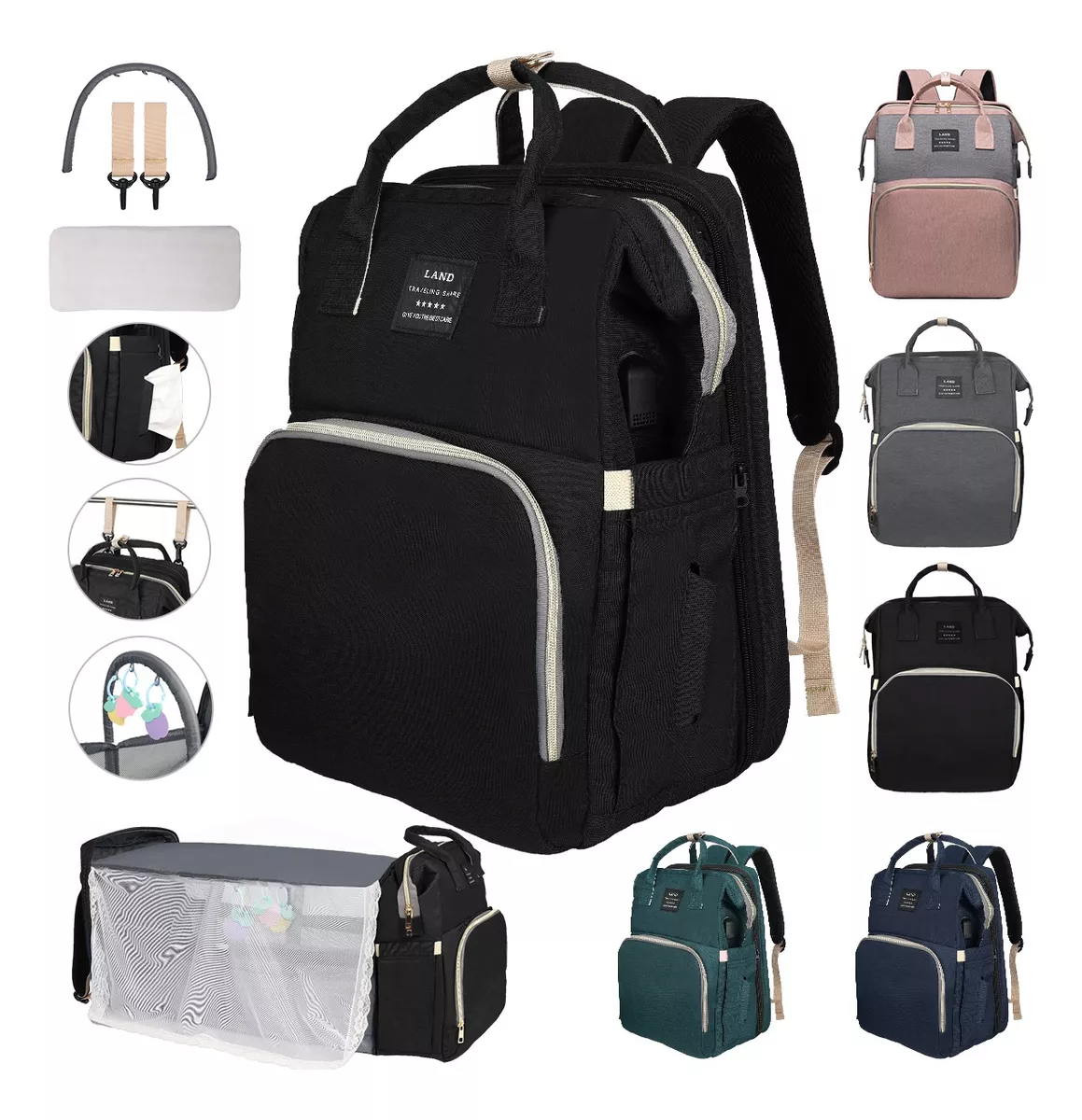 Pañalera Mochila Impermeable Usb Cargo Mosquitero Y Juguete