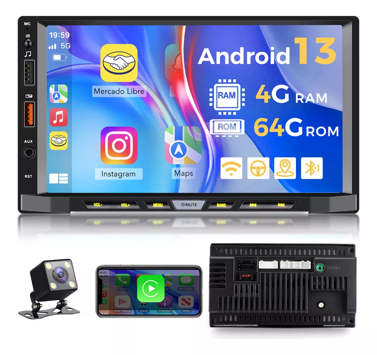 Autoest&eacute;reo Gearelec 2din Hd 4+64g Carplay Android Auto 7in bluetooth CARPLAY WIFI Radio FM Android GPS APP se puede instalar C&aacute;mara