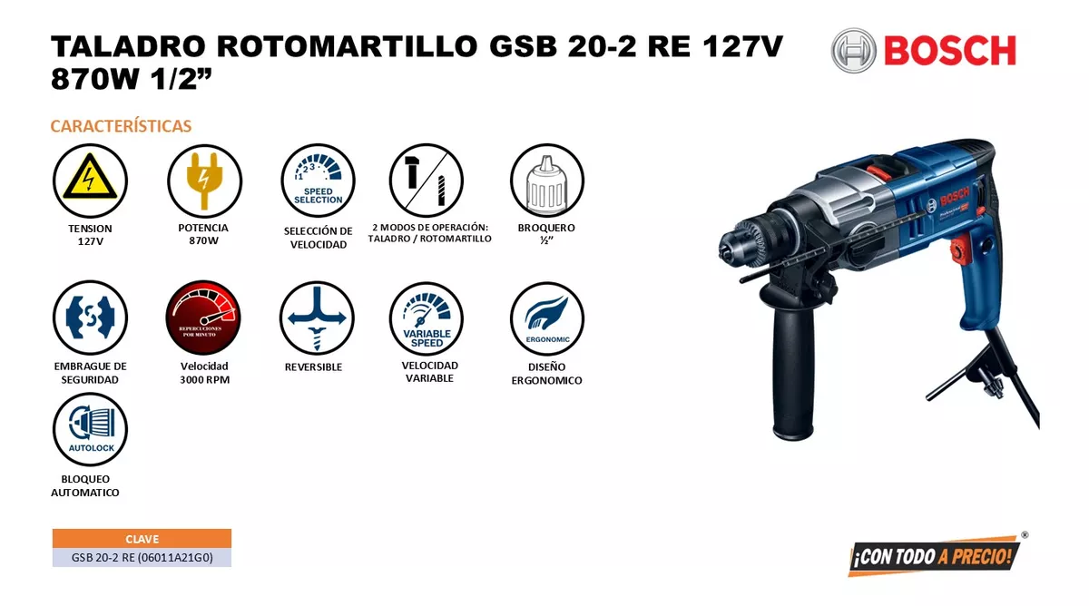 Taladro Rotomartillo 1/2 Bosch Gsb 20-2 Re + Juego De Brocas