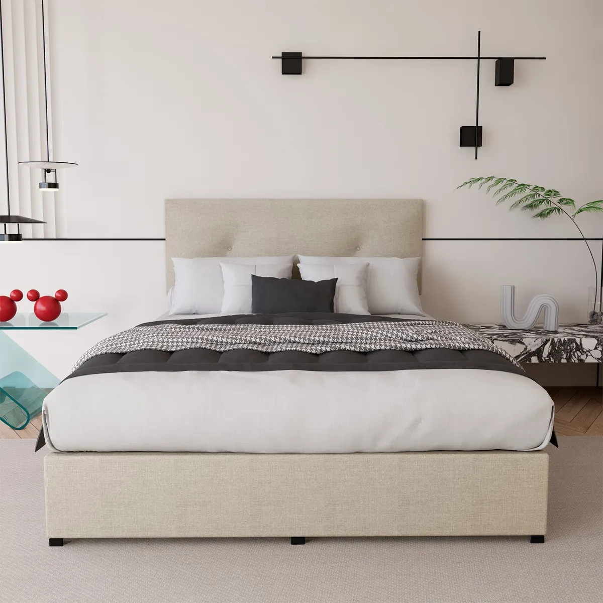 Recamara Cama Cabecera Urban Matrimonial Madera Tapiz Beige