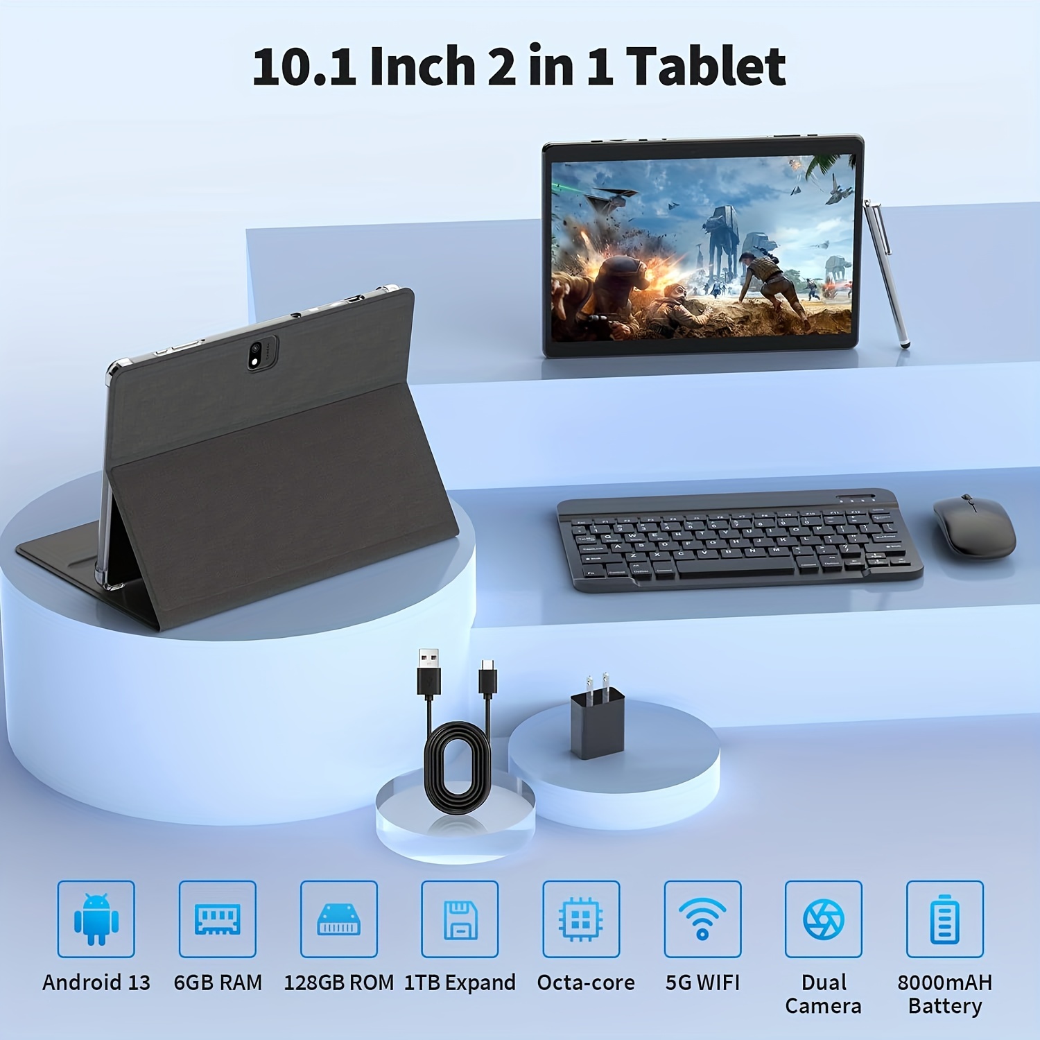Tablet con Teclado, Tablet 2 en 1, 6GB+128GB, 1TB Expandible, Tablet Android 13, Tablet de 10 Pulgadas con Funda, Ratón, Stylus, Batería 8000mAh, WiFi 2.4G/5G, GPS, Tablet PC Certificado
