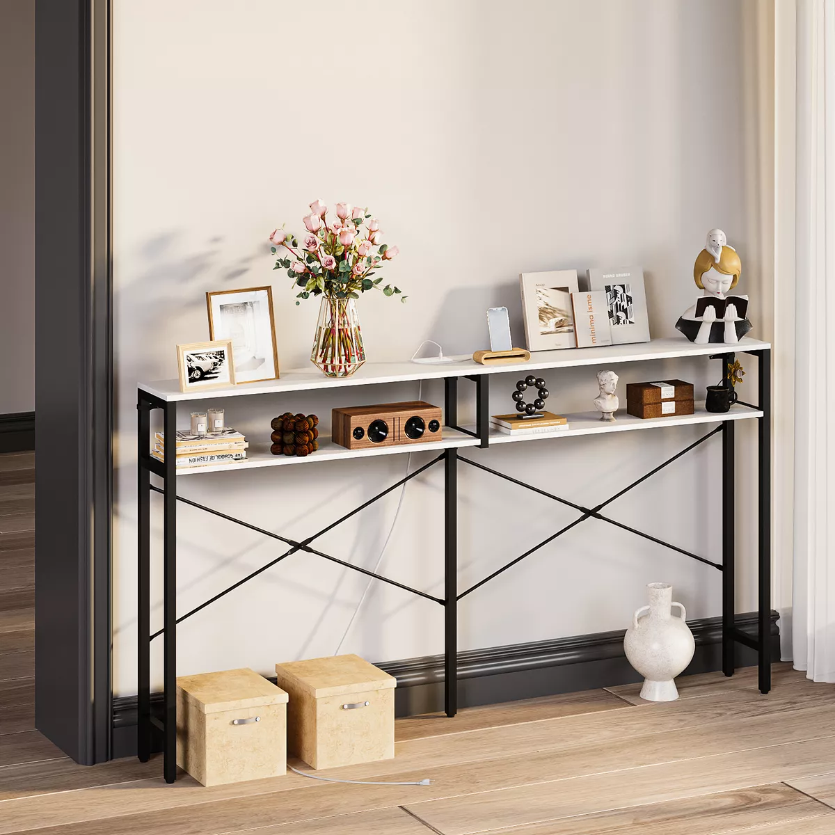 Mesa Consola Moderna Con Dos Hileras De Estantes180*20*105cm