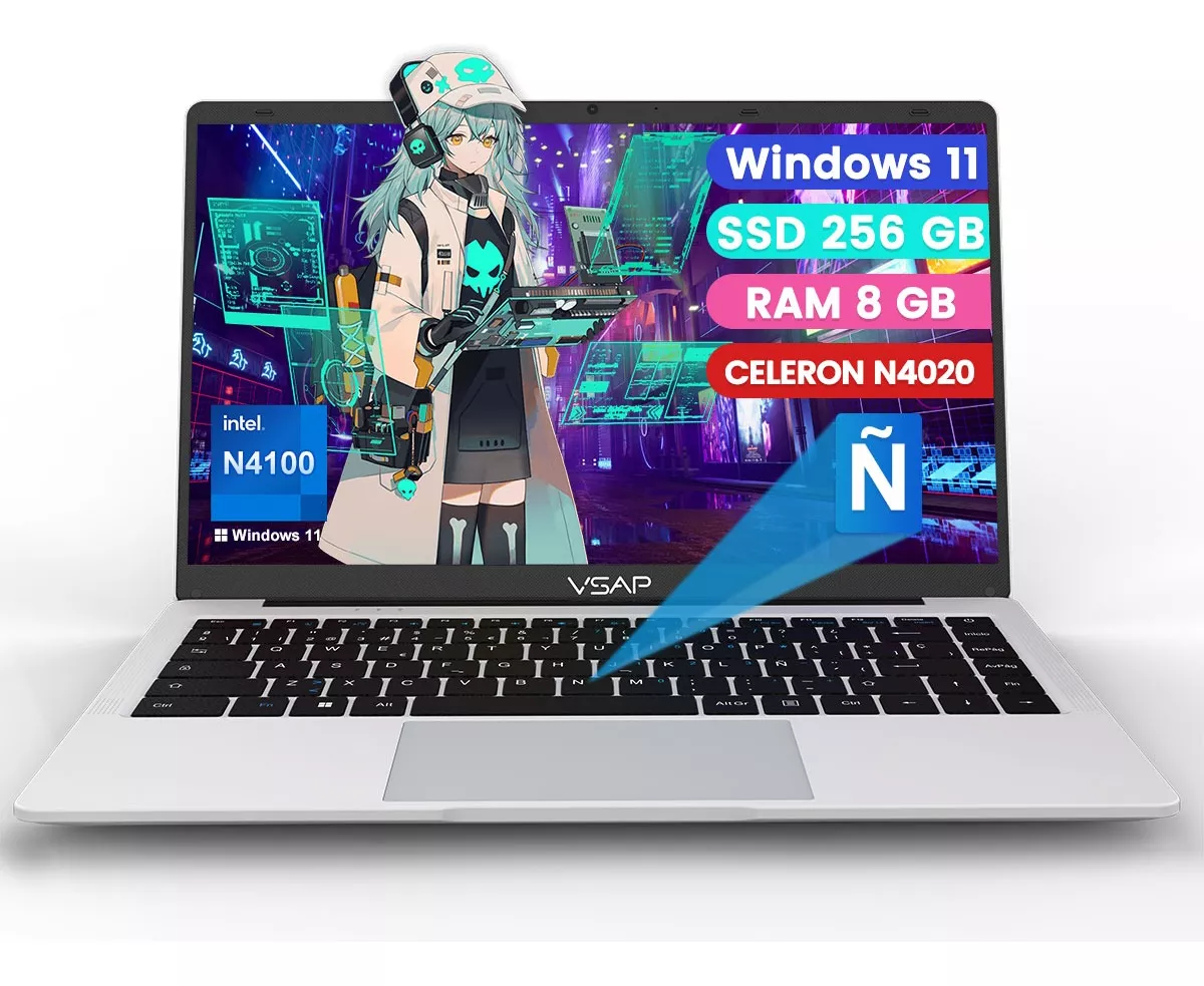 Laptop VSAP VNJH1402 14.1'' Intel Celeron N4020 8gb Ram 256gb Ssd Windows 11 Pro color Plateado