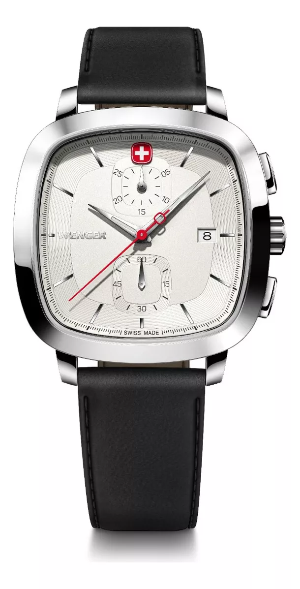 Wenger Reloj Vintage Classic Chrono 39.5 Mm, Blanco color de la correa Negro color del bisel Plateado