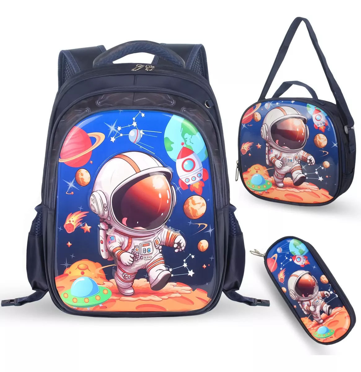 Mochila Escolar Astronautas Para Ni&ntilde;o Con Lonchera Lapicera Juego De 3 Piezas