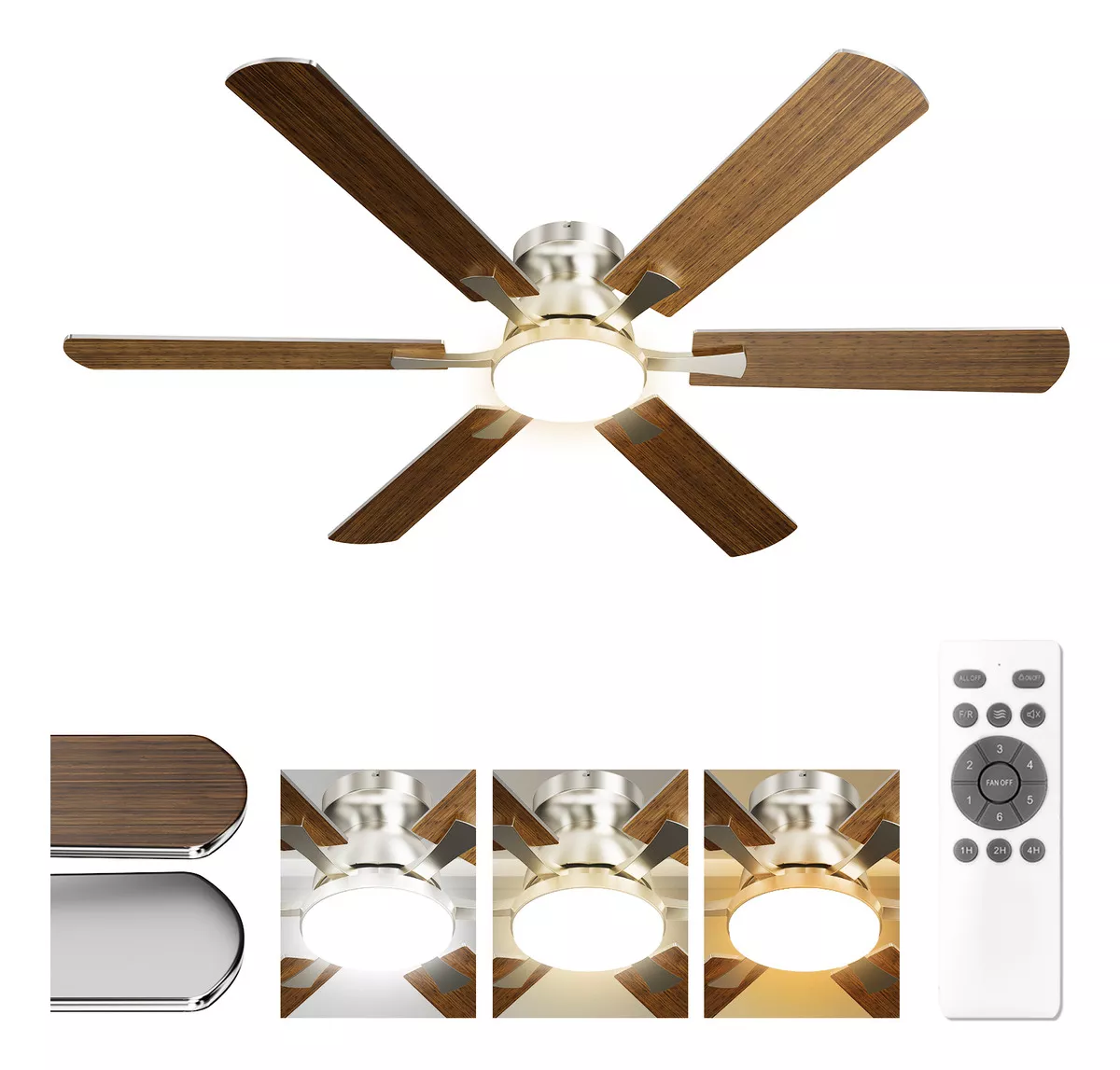 Ventilador De Techo De 52 Pulgadas Con Luz Y Control Remoto, Ventilador De Perfil Bajo Con 6 Aspas De Doble Acabado, Motor Dc Silencioso Y Reversible, 3cct Y 6 Velocidades Para Dormitorio, Sala
