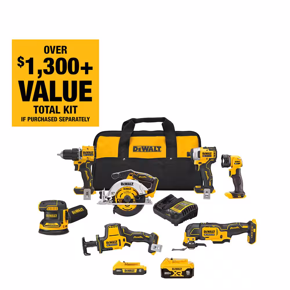DEWALT Kit combinado de 7 herramientas inal&aacute;mbrico de iones de litio MAX de 20 voltios con bater&iacute;a de 2.0 Ah, bater&iacute;a de 5.0 Ah y cargador DCK700D1P1
