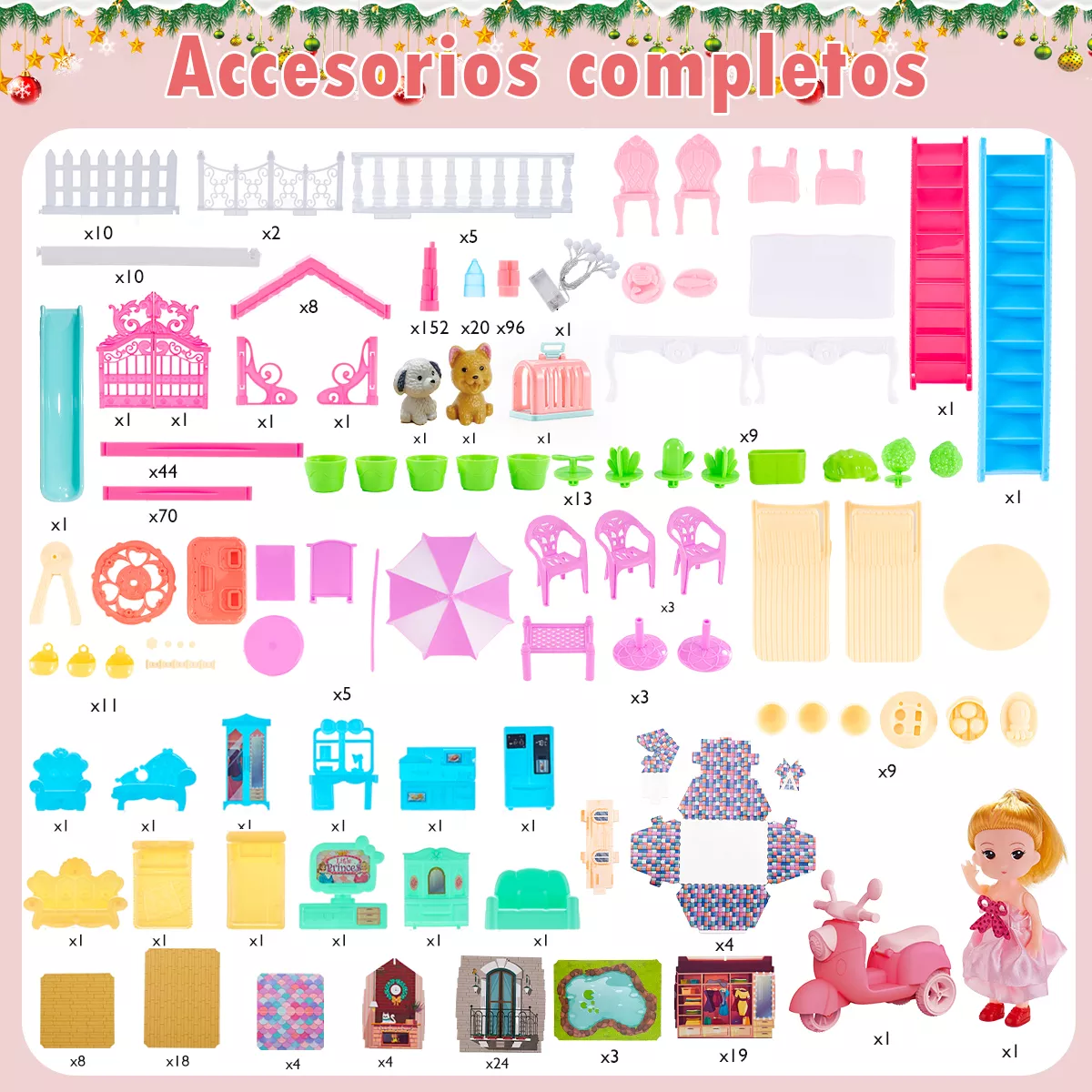 Casa De Muñecas Niña 578pcs Con Tobogán Luz Led 29 Espacios