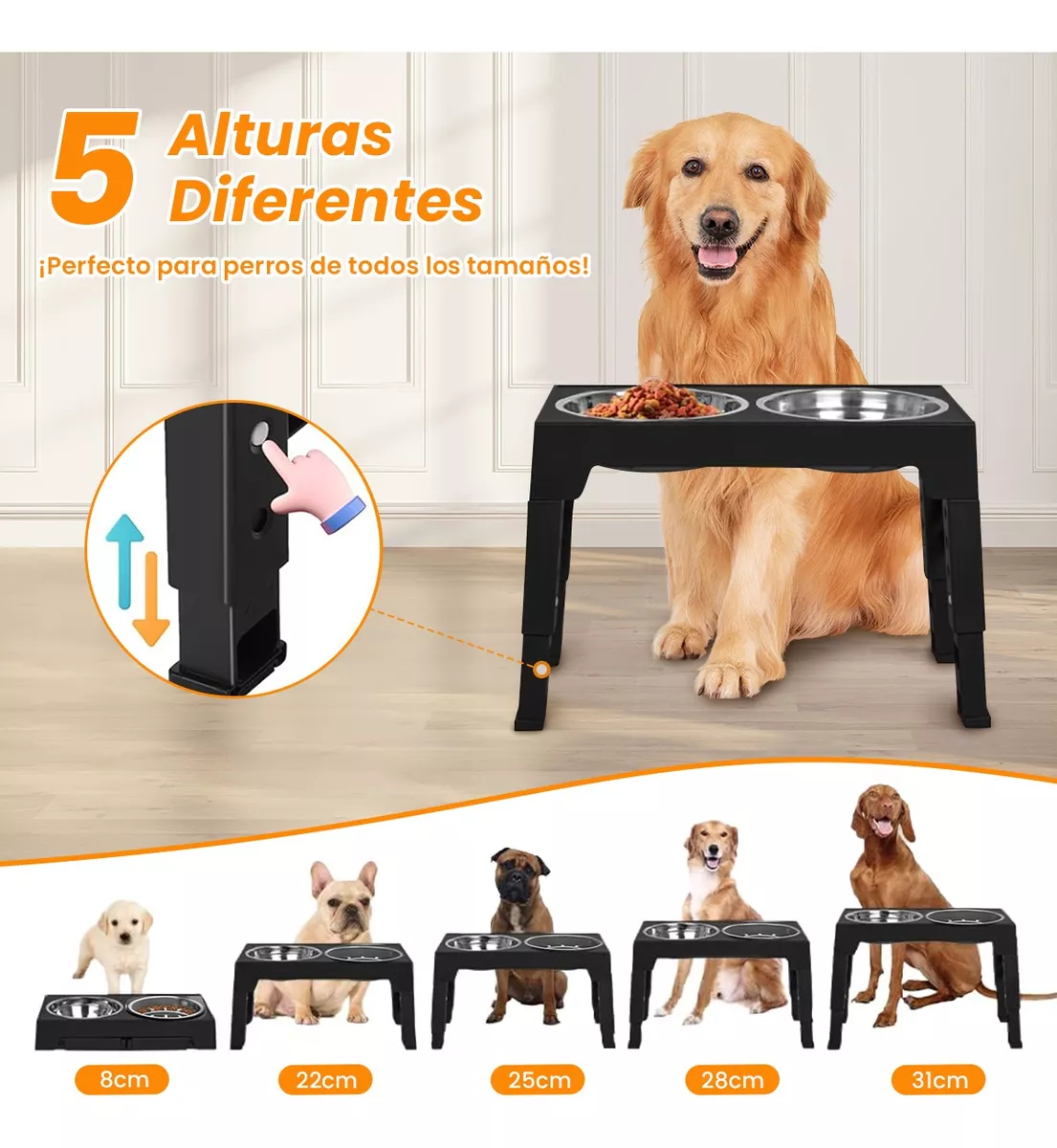 Comedero Elevado Perro Con Tazones Acero Inoxidable 2 En 1