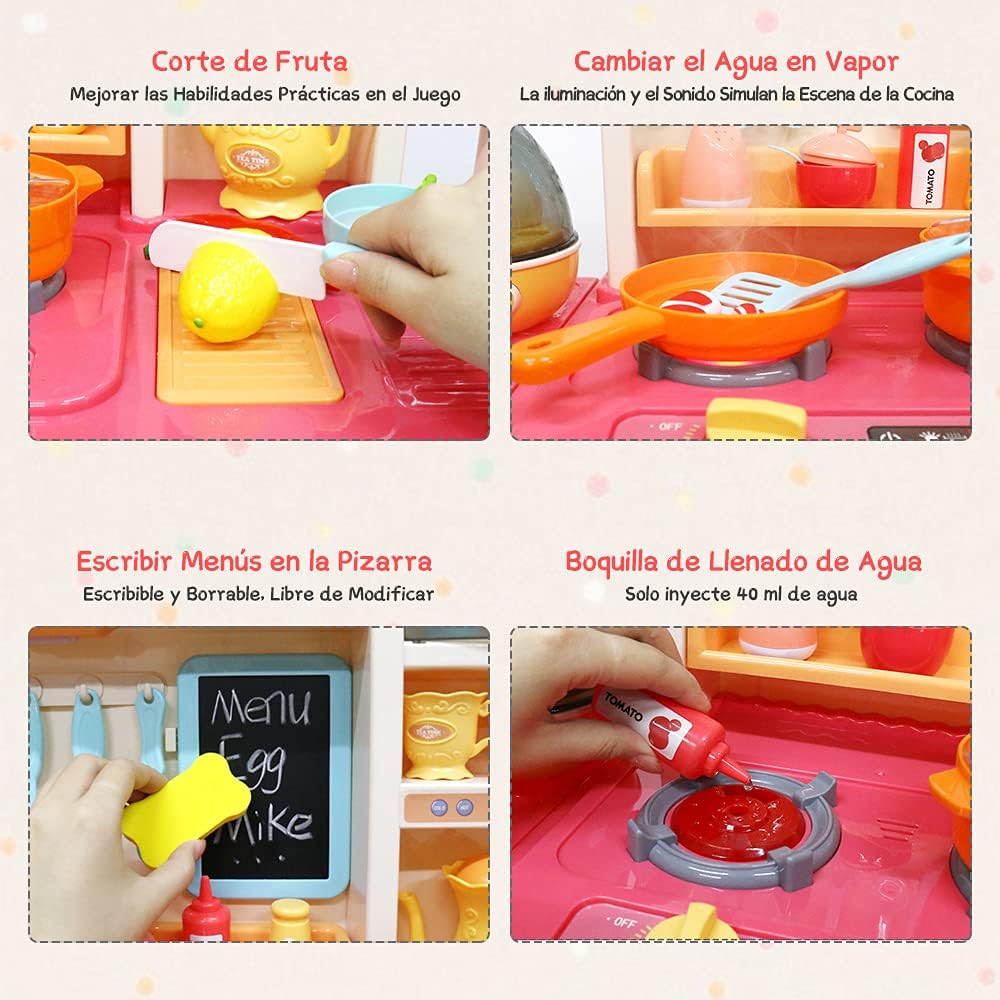 E T EASYTAO Cocina de Juguete para Nios de 65 Piezas con Humo, Luz, Sonido y Grifo para Salir Agua, Juguete Infantil Divertido, Juego de Roles, Regalo para Día del Nio （Altura: 93cm)