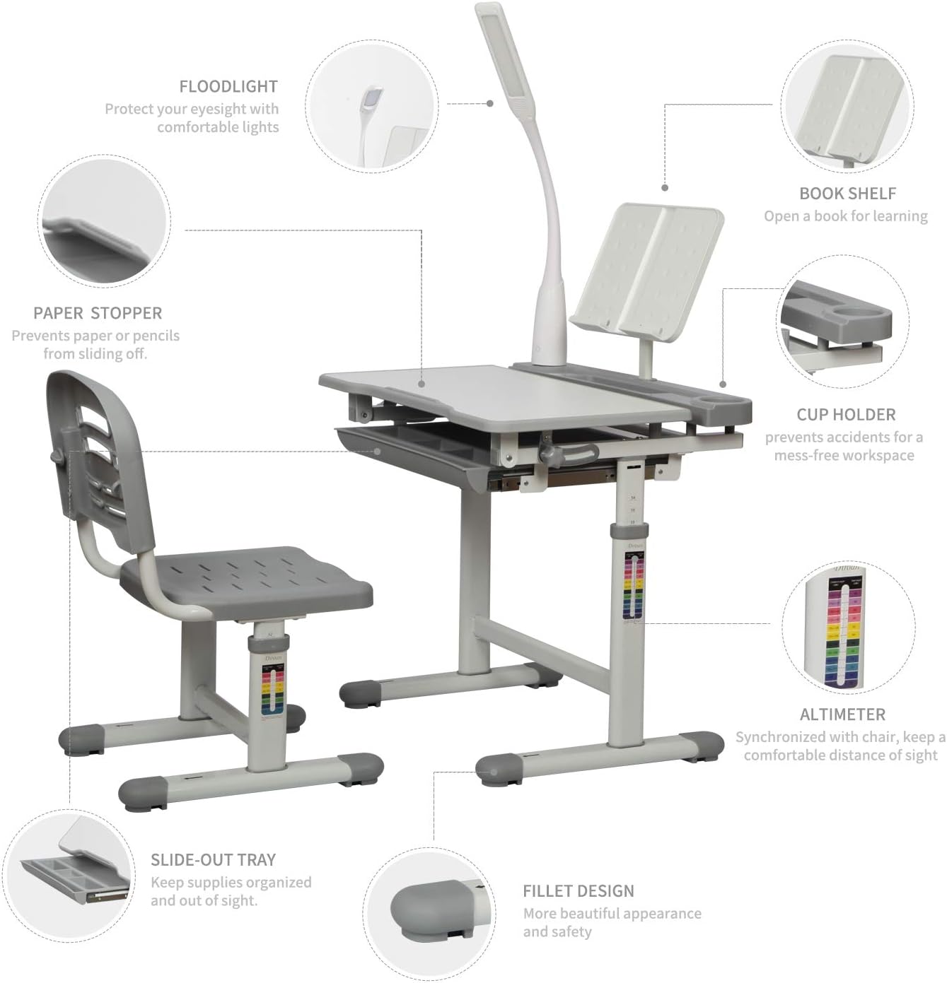 Diroan Juego de computadora y silla funcional para ni&ntilde;os, computadora de estudio escolar ajustable con computadora inclinable, soporte para libros, luz LED, gancho de metal y caj&oacute;n de almacenamiento para ni&ntilde;os y ni&ntilde;as (gris)