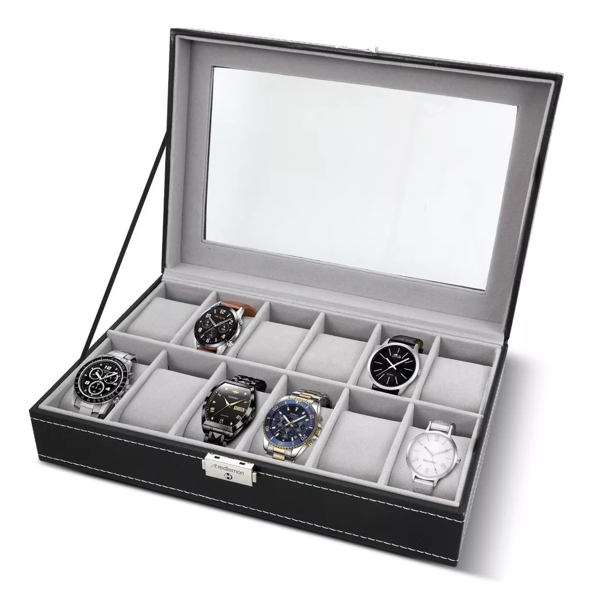 Redlemon Caja para Relojes y Estuche Organizador con 12 Espacios y Almohadillas, Organizador de Joyas, de Piel Sint&eacute;tica e Interior de Terciopelo, Exhibidor con Tapa de Vidrio y Candado de Seguridad