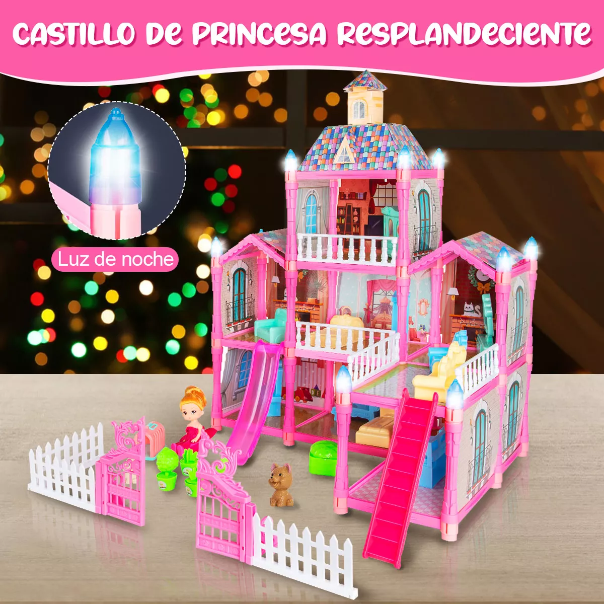 Casa De Muñecas Niña Con Tobogán Y Luz Led 192pcs 8 Espacios