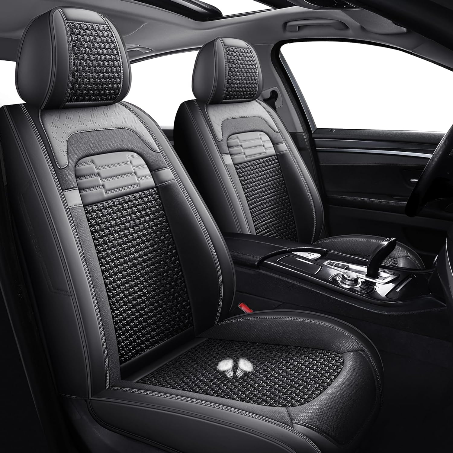 hikeaglauto Juego completo de fundas de asiento de coche, de piel sint&eacute;tica para autos, SUV, s&uacute;per transpirables, universales, para la mayor&iacute;a de los sedanes (juego completo, negro)