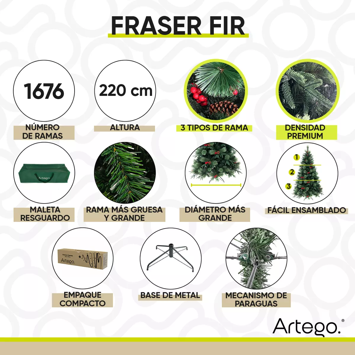 Árbol De Navidad Fraser Luxury 1600ramas + Maleta 2.2m