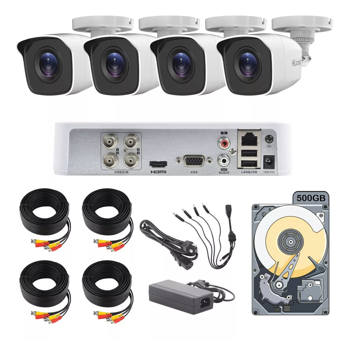 kit Circuito Cerrado Hilook Dvr 4 Canales 4 Camaras 1080p 2mp Full Hd Thc-b120-pc Cables Coaxial 18mts + Disco Duro 500gb