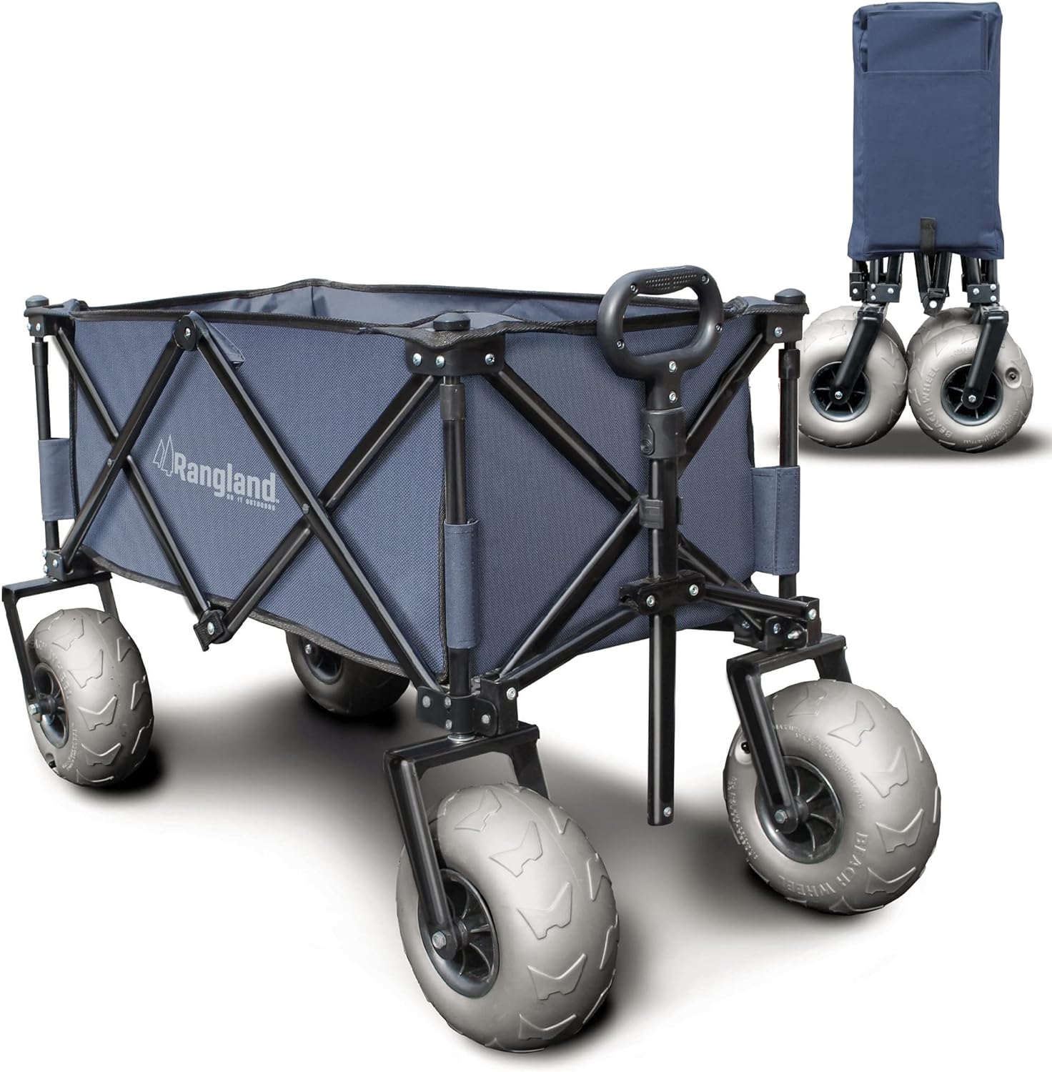 Carro de playa con ruedas grandes para arena, todo terreno, estructura de acero, carrito utilitario con 9 neum&aacute;ticos, dise&ntilde;o plegable (Sand Warrior RX800) azul marino