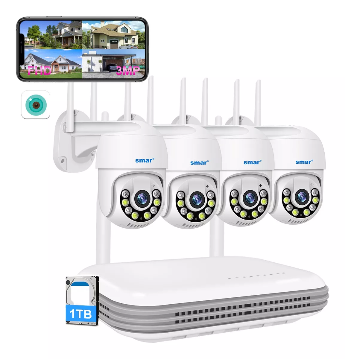 kit De Camaras Videovigilancia 4 Wifi Camaras 3mp Disco 1tb+Voz bidireccional y seguimiento autom&aacute;tico