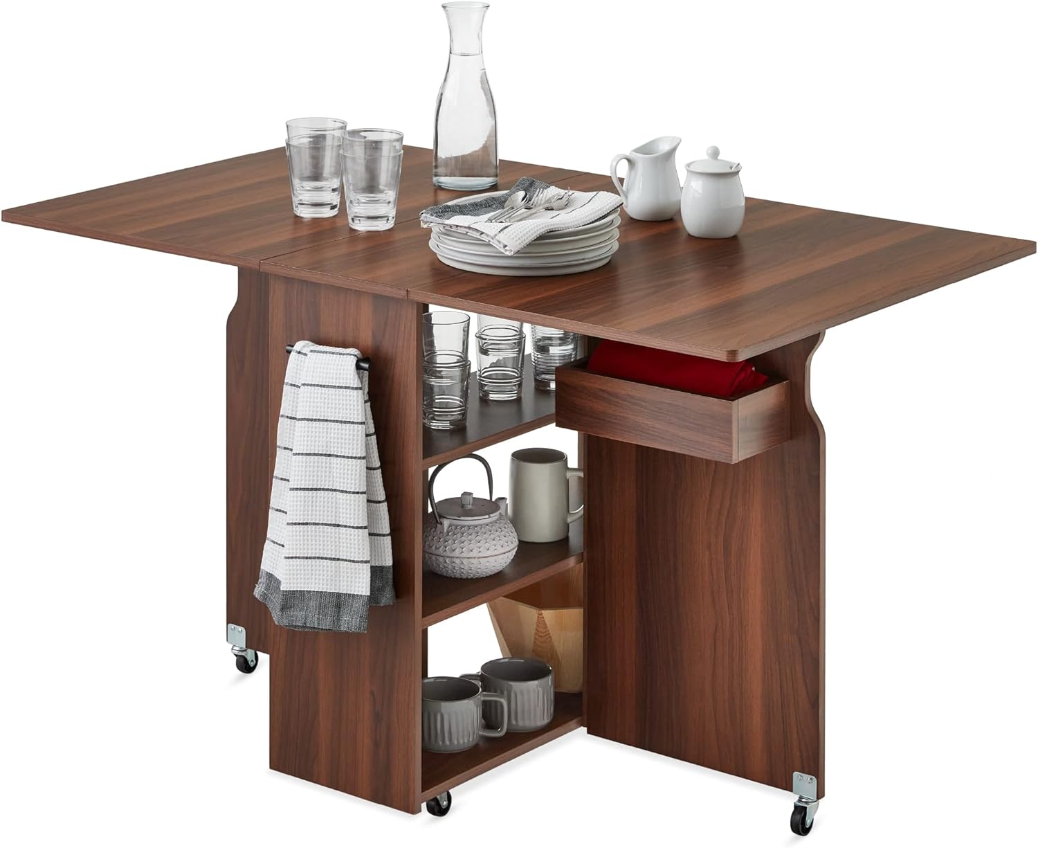 Best Choice Products Mesa de comedor plegable, mesa de comedor multifuncional que ahorra espacio con ruedas, 3 estantes de almacenamiento, caf&eacute;