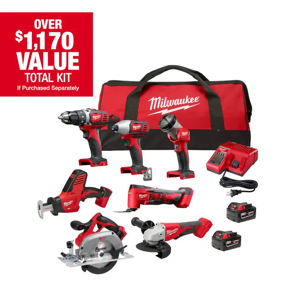 Kit combinado inal&aacute;mbrico de iones de litio Milwaukee M18 de 18 voltios, 7 herramientas con 2 bater&iacute;as, cargador y bolsa de herramientas 2695-27SH