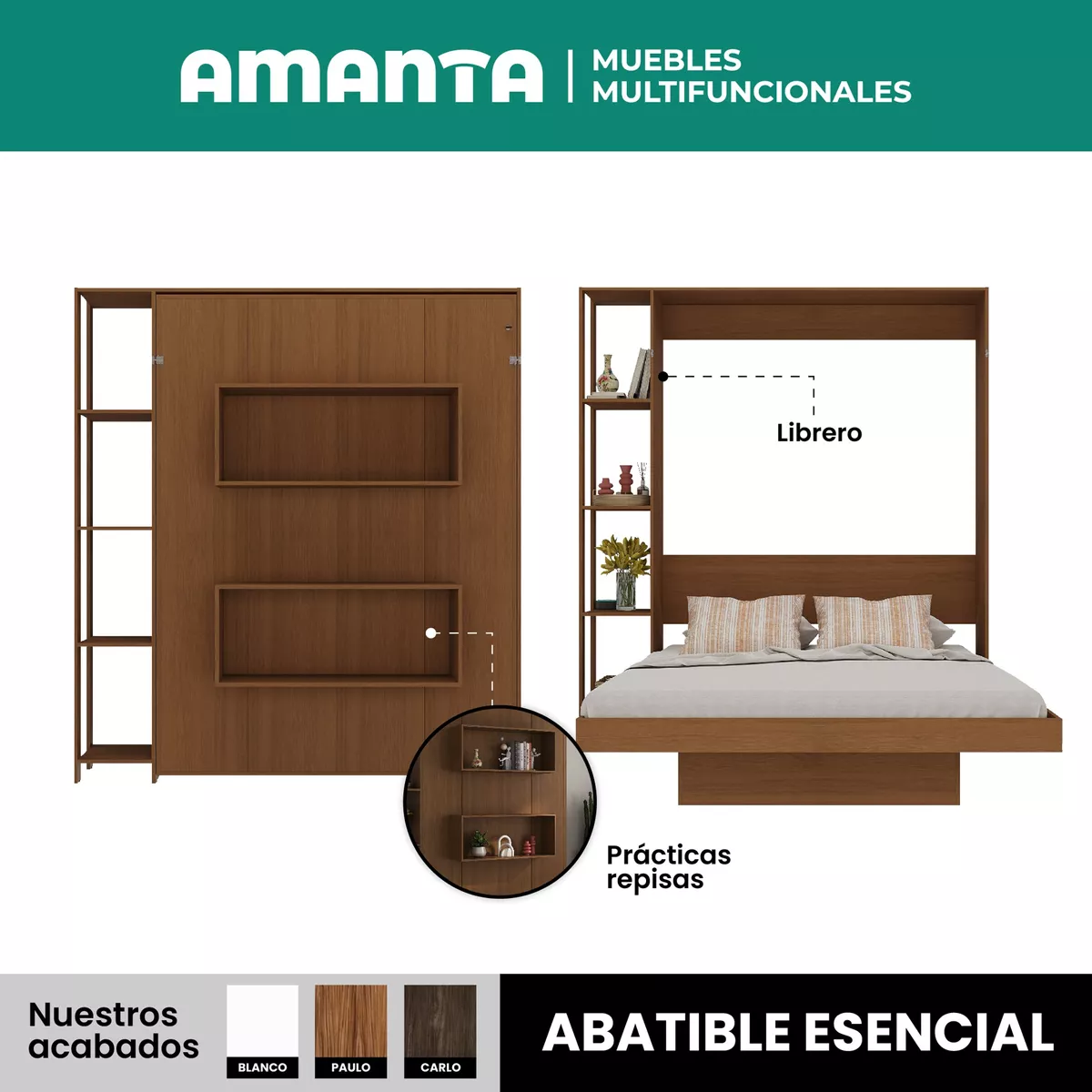 Base Cama Abatible Matrimonial Esencial Plegable Amant Pared