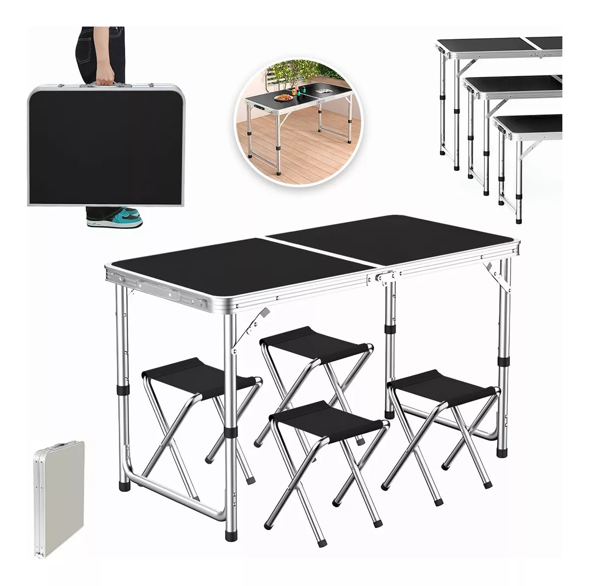 Raganet DP024 Mesa Plegable Camping Picnic Ajustable 1.20 Port&aacute;ti 4 Sillas color Negro