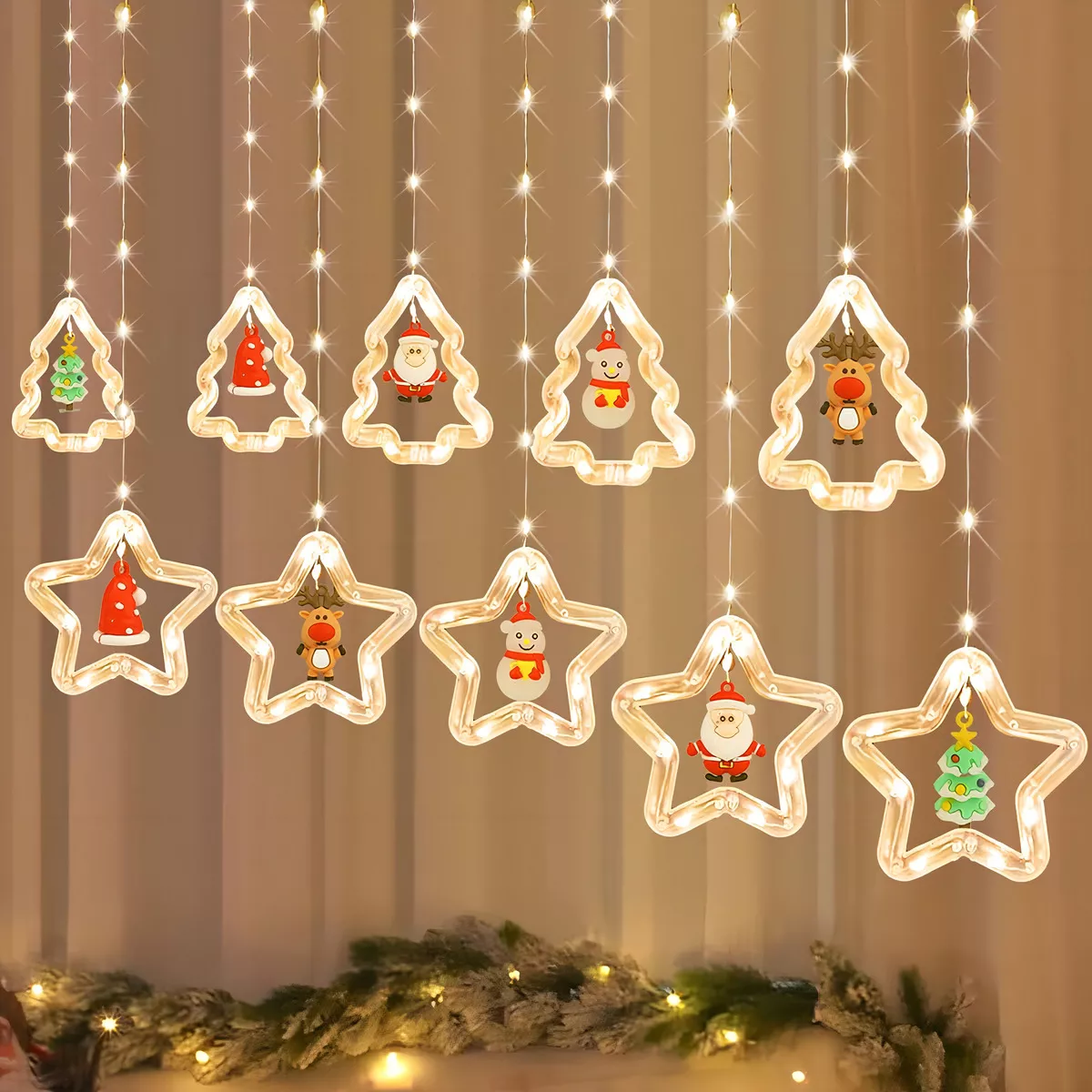 Serie Luces Navidad 5 Estrellas Y 5 Pinos Cortina 3 Metros Largo Luz Led C&aacute;lida 5 Funciones Diferentes Decoraci&oacute;n Interior Exterior Fasilyt