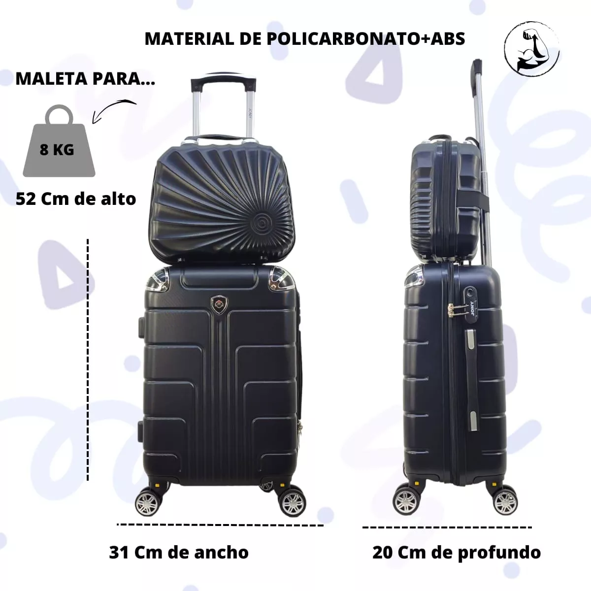 kit Maleta 18 Pulgadas + Neceser Doble Llanta Candado Fijo