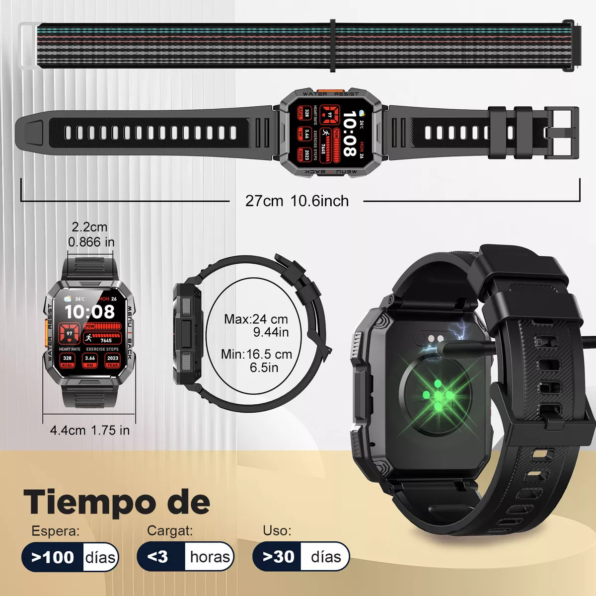 Feipuqu SmartWatch Reloj Inteligente W60 Negro De 2.1 Smart reloj Pulgadas Hombre Militar Linterna Bluetooth Ip68 Resistente Al Agua Batería De 900 Mah
