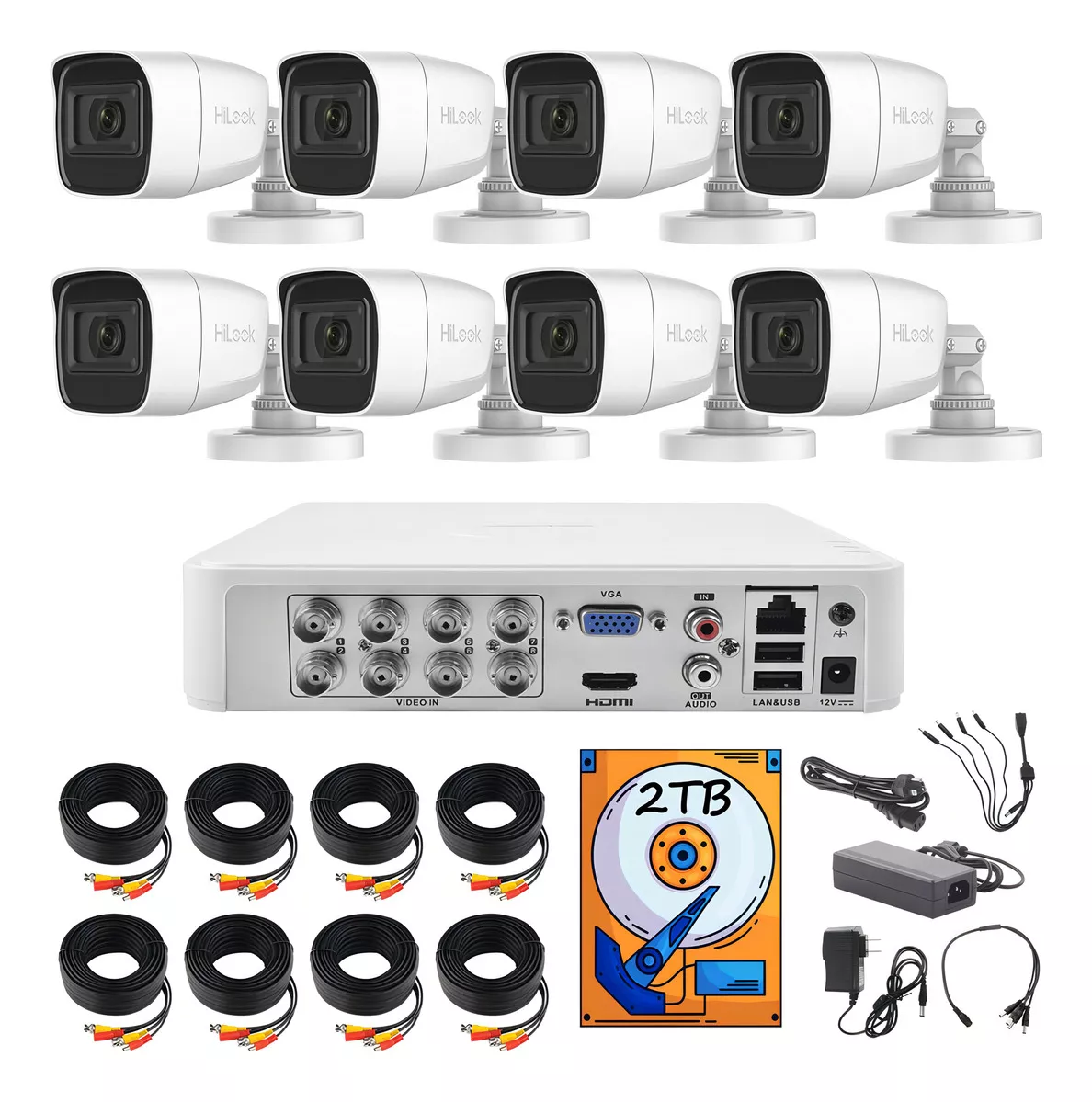 kit Circuito Cerrado Hilook Dvr 8 Canales 8 Camaras 1080p 2mp Full Hd Audio Integrado Thc-b120-ps Cable Coaxial 18mts + Disco Duro 2tb