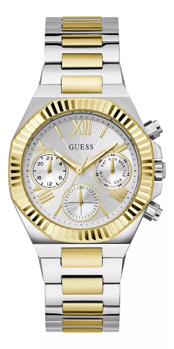 Reloj Equality Mujer Guess Bitono Acero Inoxidable Bisel Dorado Fondo Plateado