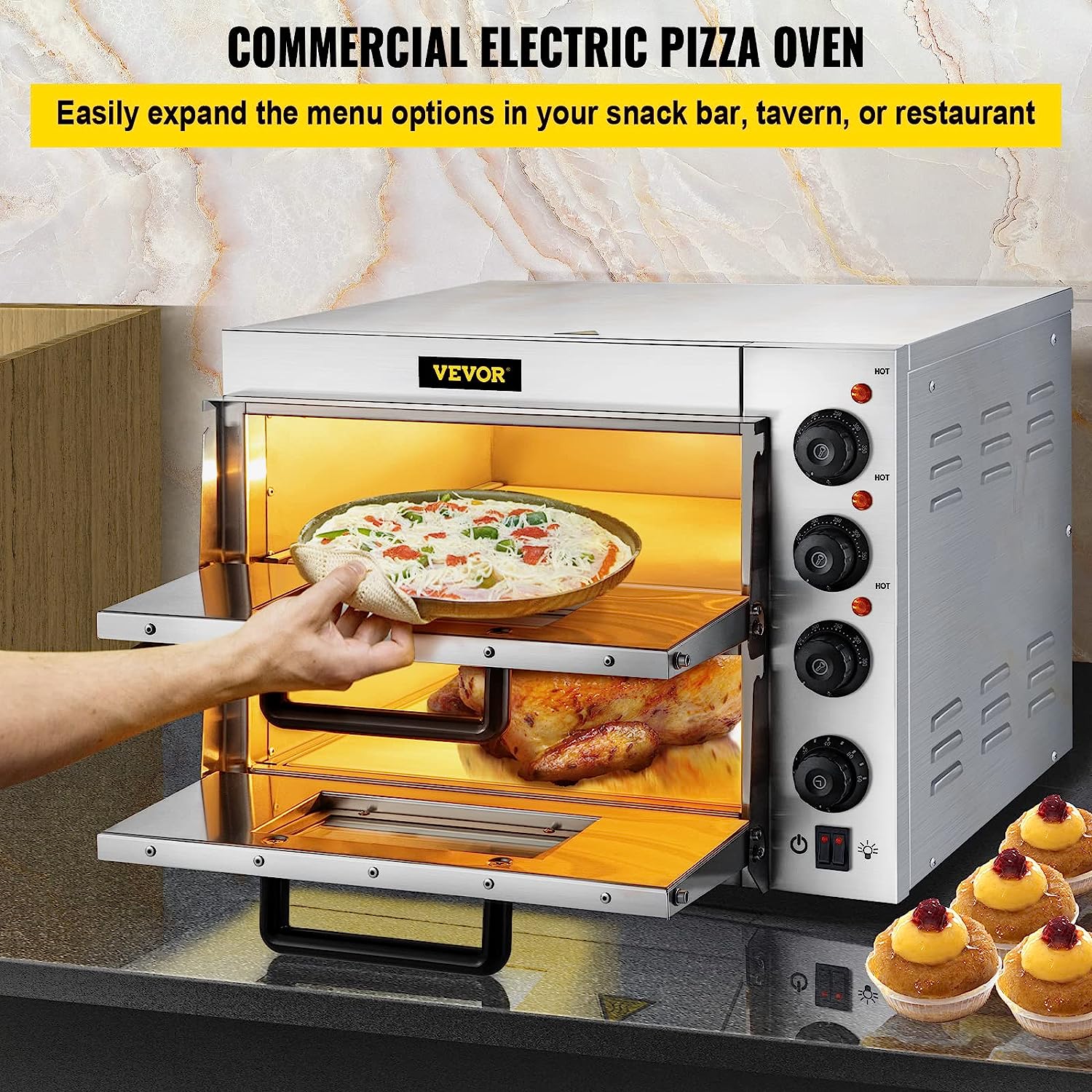 ⏰Liquidaci&oacute;n libre de impuestosVEVOR Horno de pizza comercial para encimera, 35,56 cm, doble capa de 110 V 1950 W, acero inoxidable, plateado
