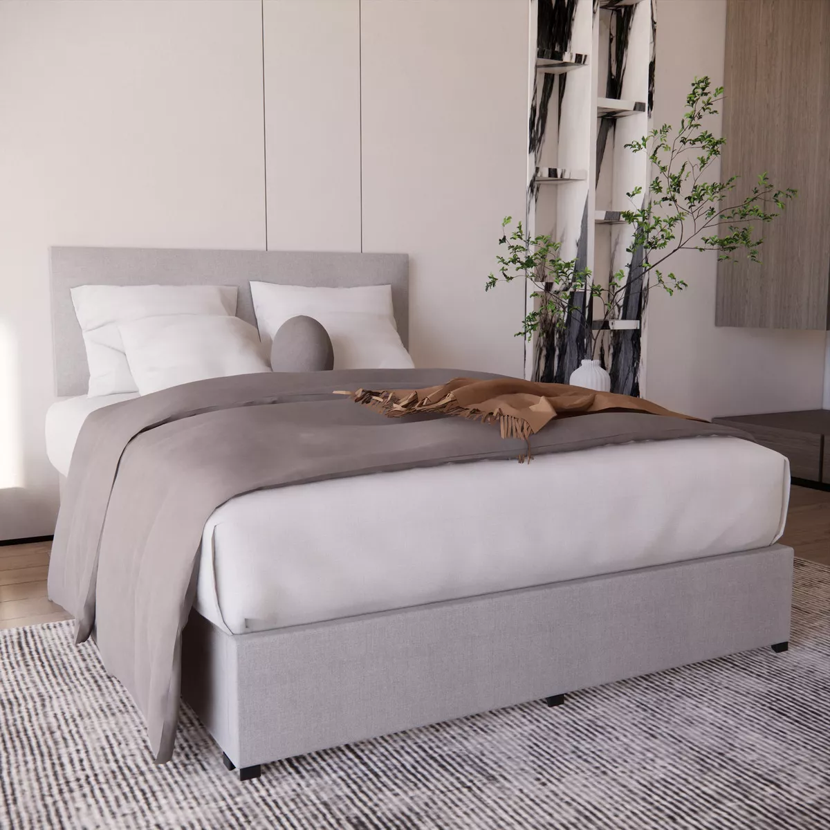 Cama Recamara Base Cabecera Urban Matrimonial Madera Tapiz Lino Gris