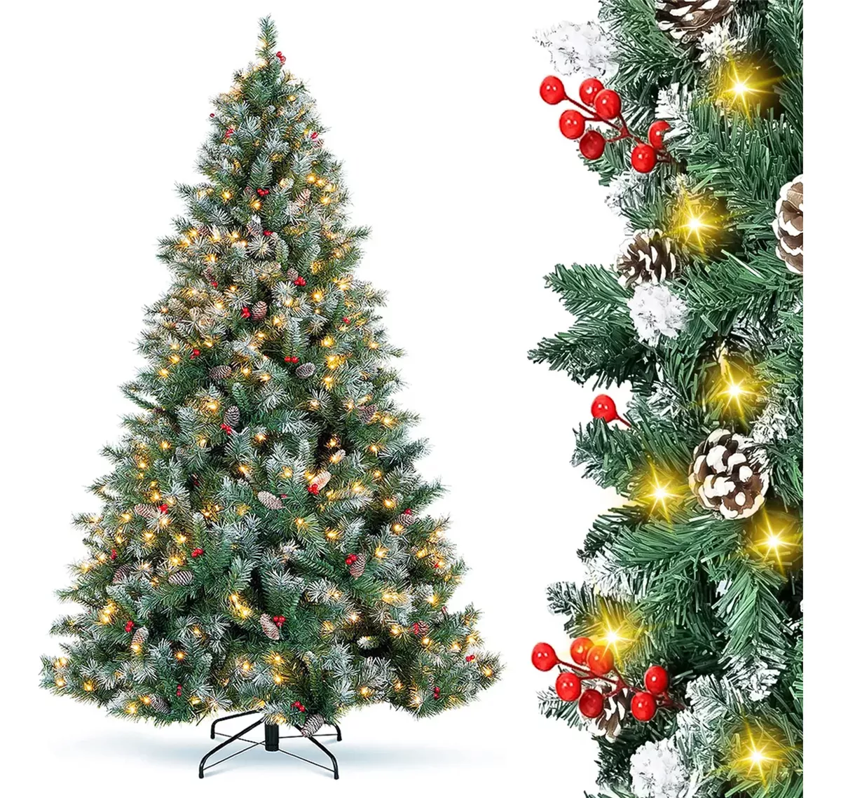 Arbol Navidad Nevado 1.8m 800 Ramas Con Piñas Y Luces Led