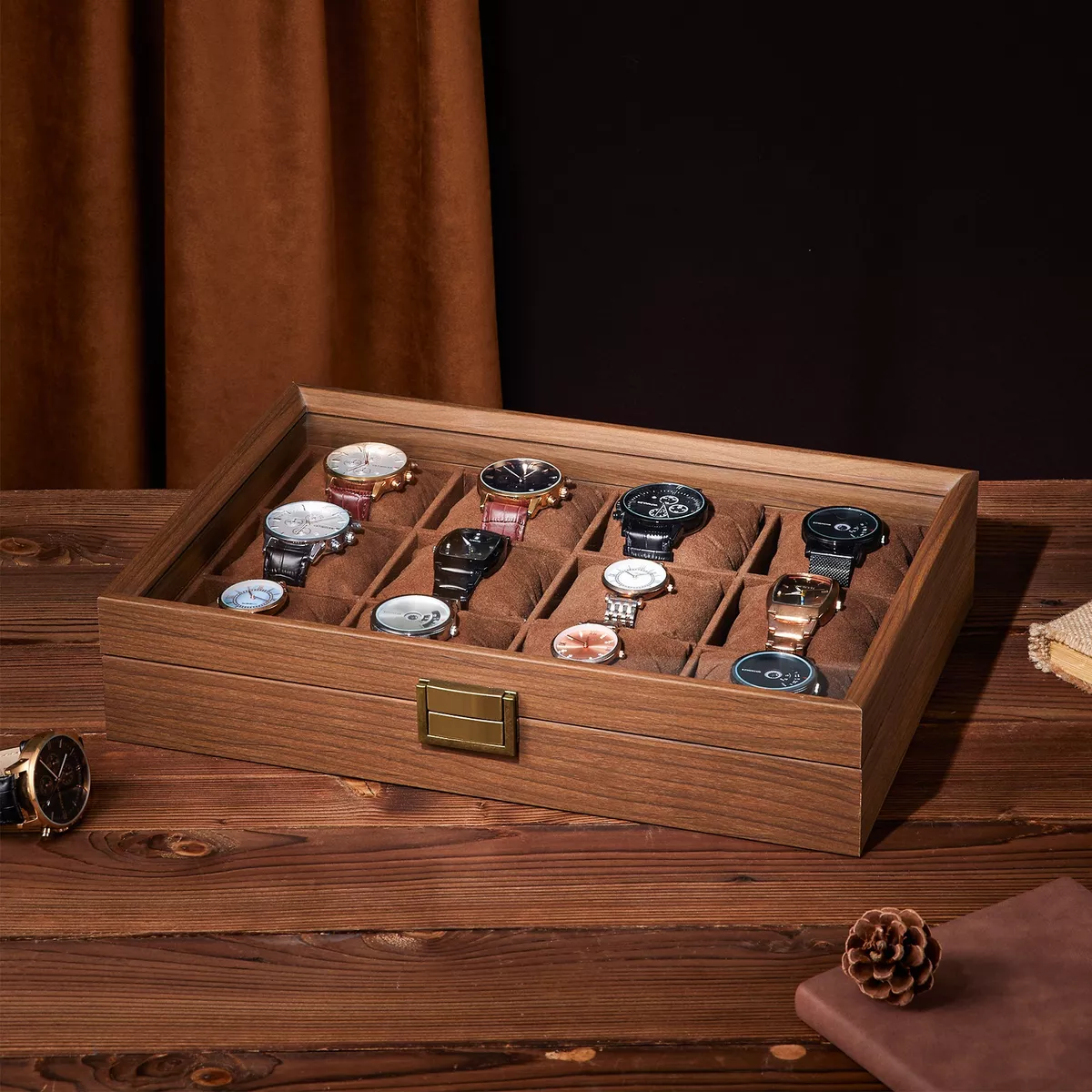 Caja Para Relojes Y Alhajero Con 12 Compartimentos En Nogal