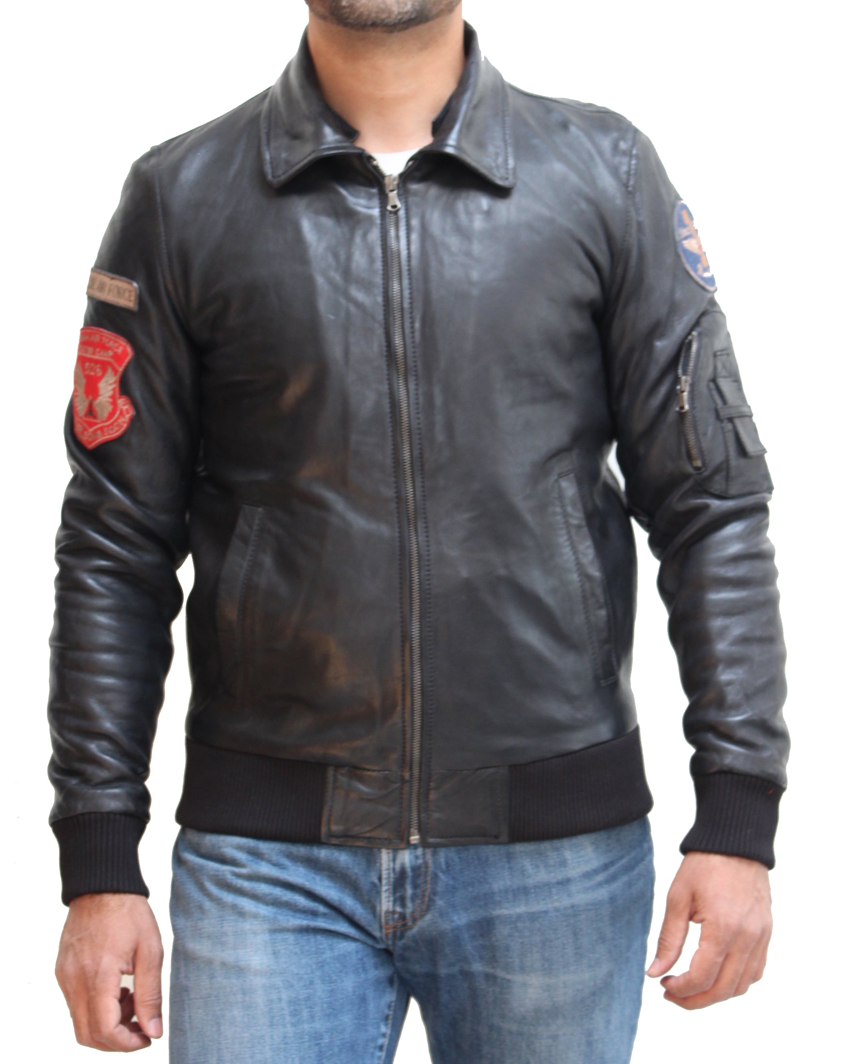 Chaqueta con cuello de piel de oveja negra y crema para hombre - Luke