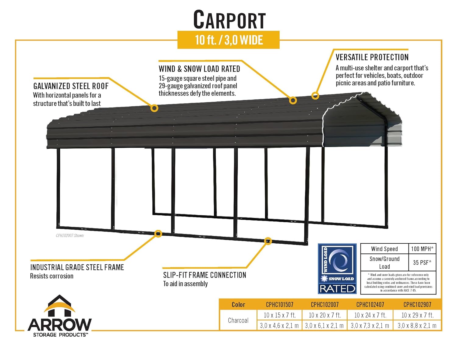 Arrow Refugio multiusos de metal de acero galvanizado resistente, sombra, cochera, 10 x 15 x 7 pies, 10' x 15' x 7'