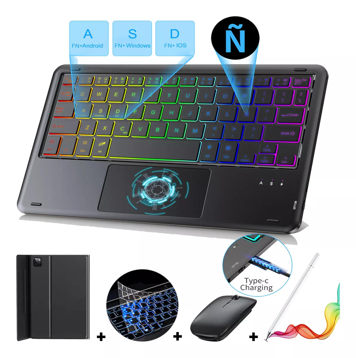 Funda+teclado Iluminado+mouse+lápiz Para Galaxy Tab A9+ Plus