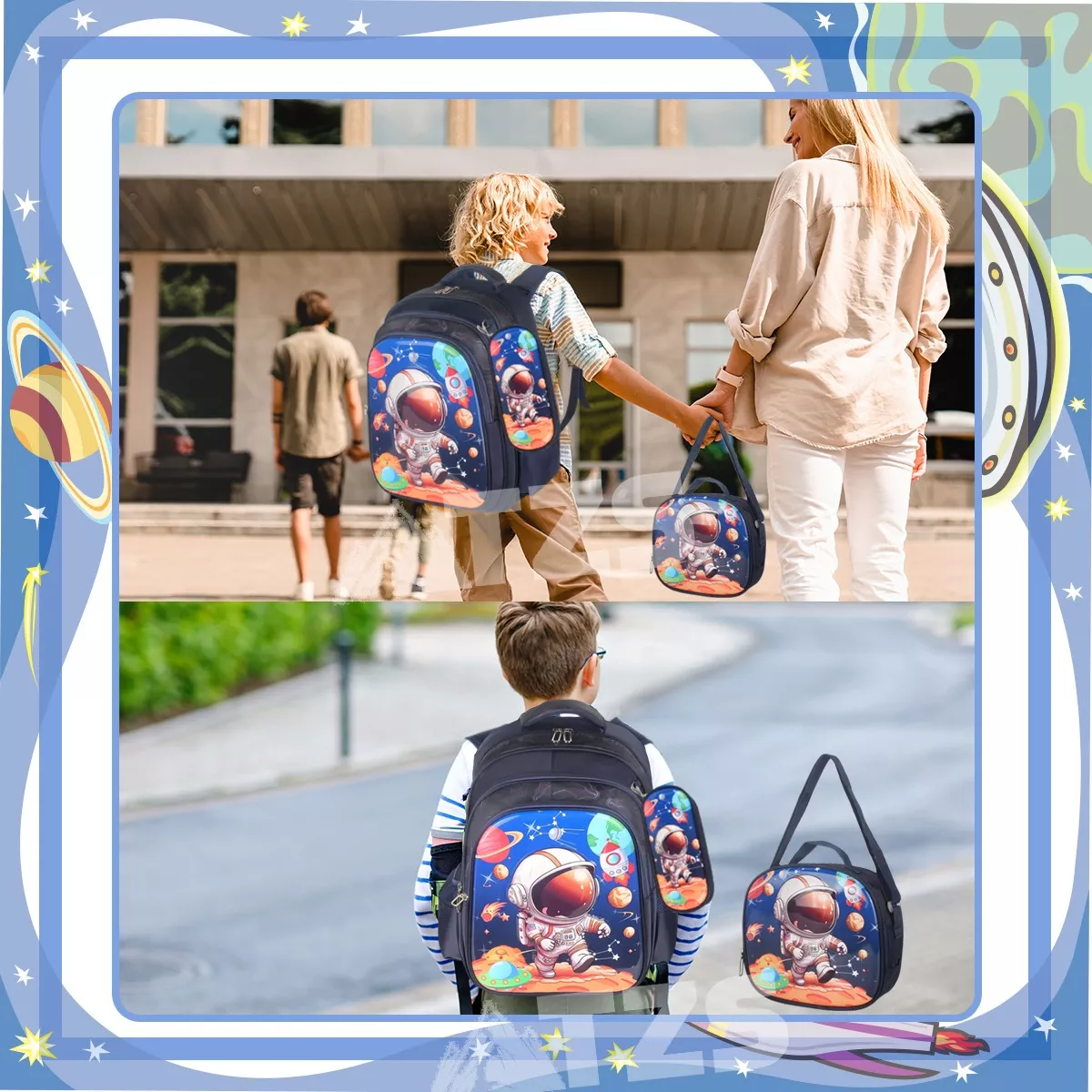 Mochila Escolar Astronautas Para Niño Con Lonchera Lapicera Juego De 3 Piezas