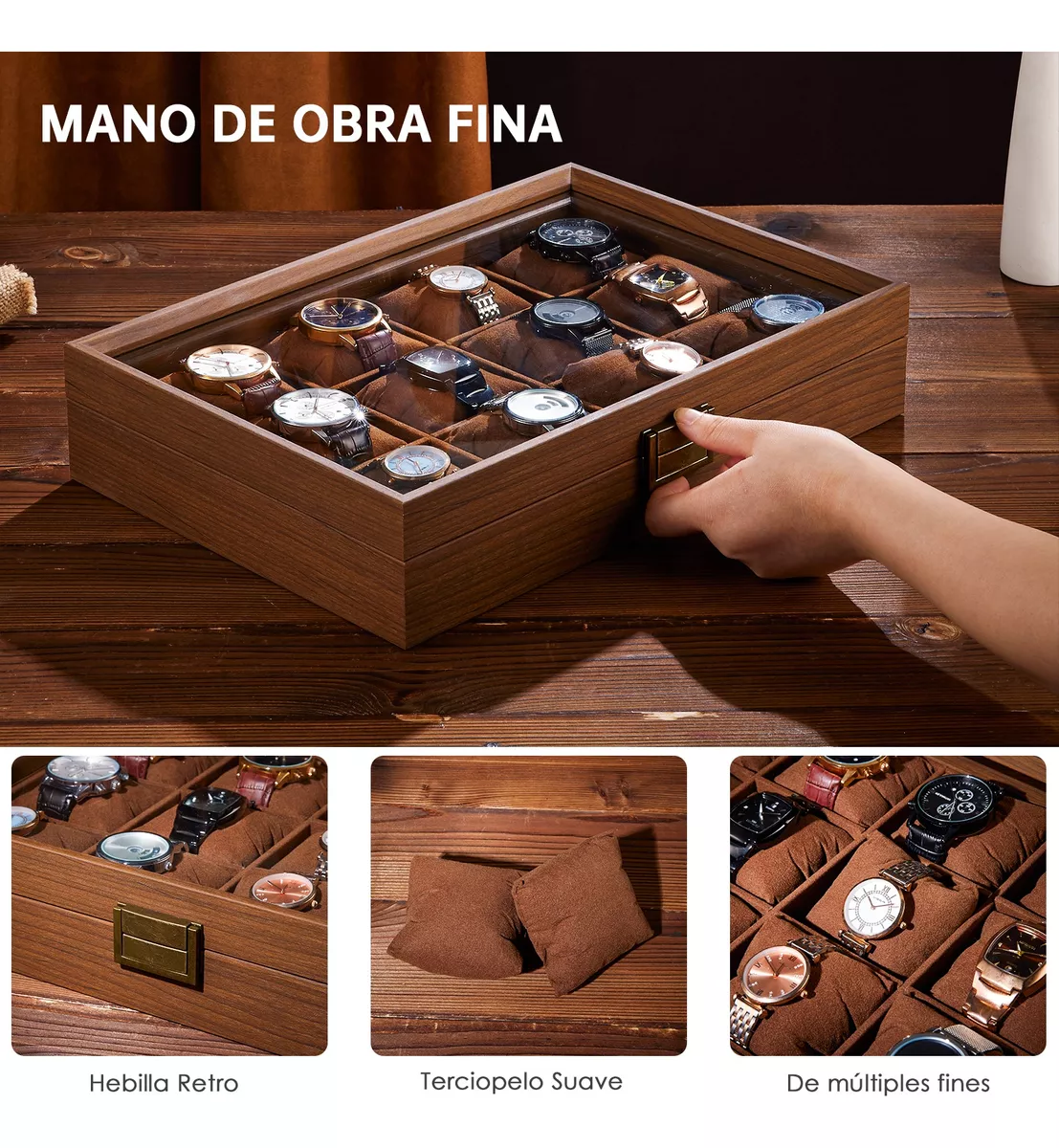 Caja Para Relojes Y Alhajero Con 12 Compartimentos En Nogal